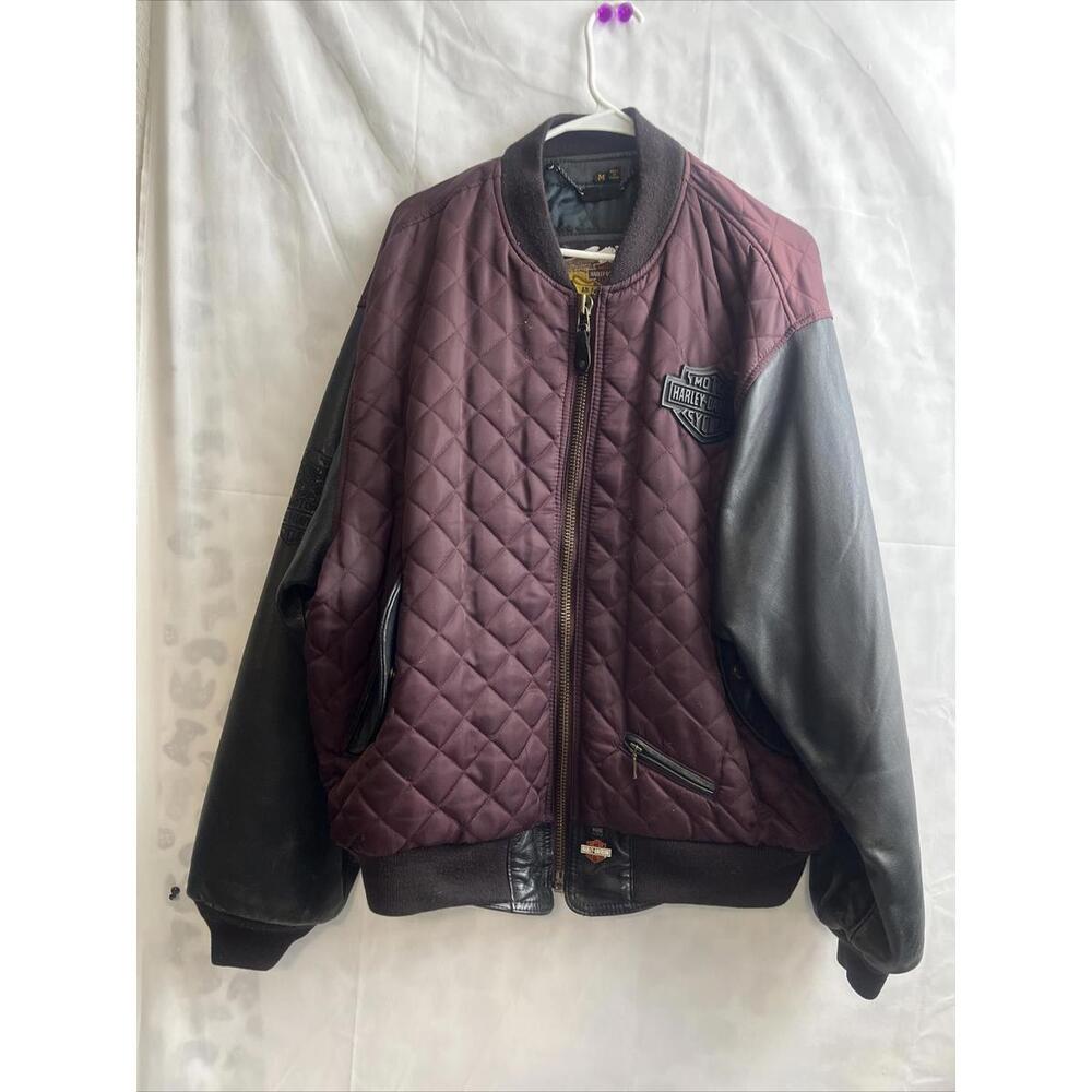 Vintage Harley Davidson Leather and Quilted Maroon Motorcycle jacket, Medium.